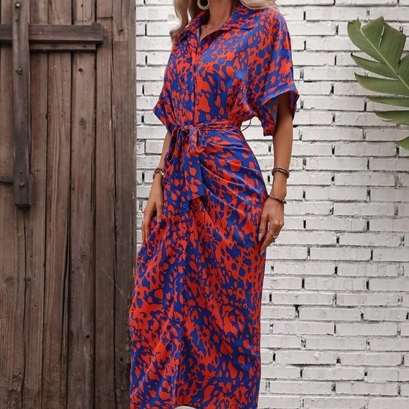 Multicolor Allover Print Batwing Sleeve Belted Shirt Dress chic elegant - Picture 3 of 5